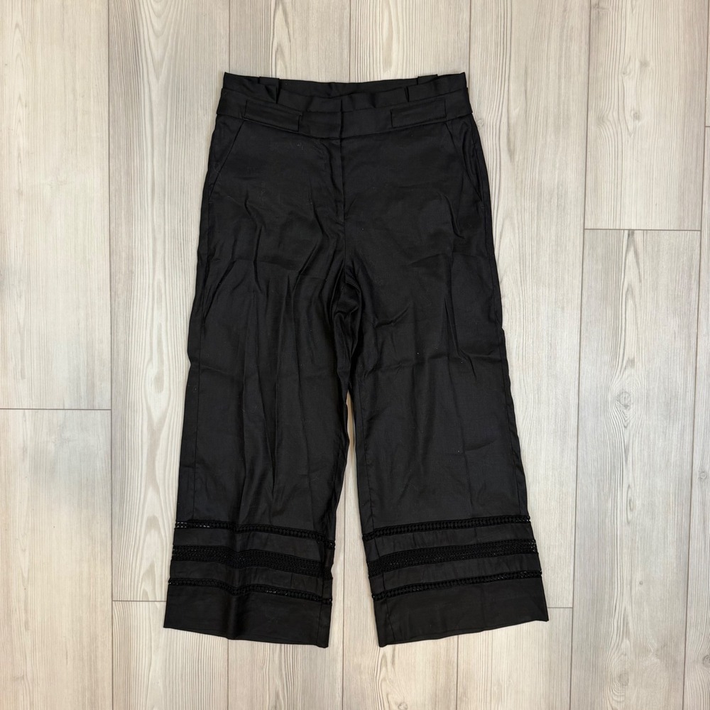 White House Black Market 6 Black Wide Leg Crop Linen Blend Pants Crochet Hem 6